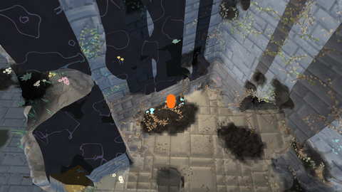 After, same pose: a binary section mask; the cut solids read as opaque dark stone with faint veins, and the floor at the player is clear