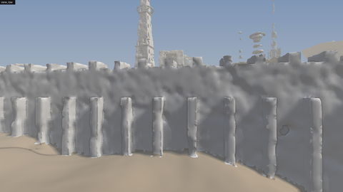 Surface region, seed 7, seen from low on the ground: a buttressed wall many storeys high, with towers behind it