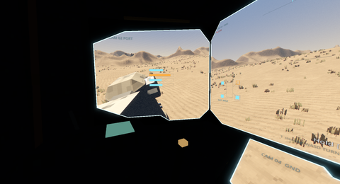 Head turned to the port screen: the flank camera shows the walker's own front leg and shoulder from outside; the hydraulic pressures are painted on that screen