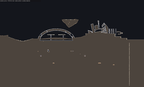 East-west section through the underground district showing the dome, surface structures and routes at depth