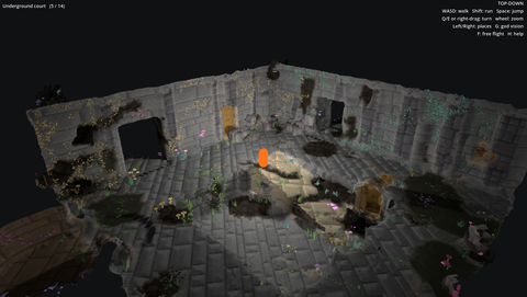 An underground court: broken walls, a sunken passage across the floor and doorways at different heights