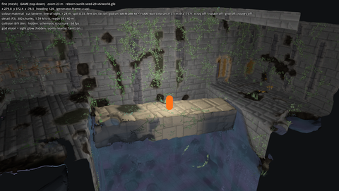 God vision on, standing on a bridge over a flooded pit: the hidden walls of the room around the player are drawn faint, the pit below in a cool tint