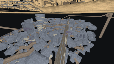 Flying just under the surface at −17 m, no cut: the underside of the city at the top, the underworld's rooms below, tunnels threading between them and a spiral-stair shaft on the left