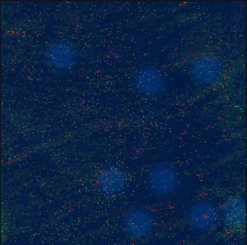 The whole world zoomed out: light pools, and producers, grazers and predators as coloured dots