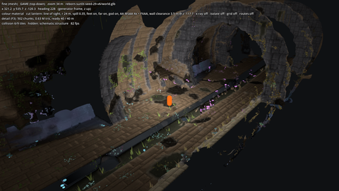 The main collector at −120 m: a vaulted run with a drain channel down its middle, with the debug overlay showing streamed detail: 502 chunks, 82 fps