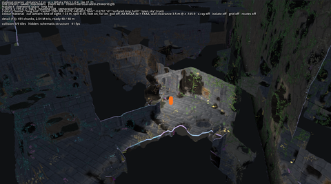 Before: underground at −148 m, surface ambient light lit terrain and rooms the lantern could not see, so the whole level was visible through the walls