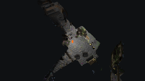 After, same pose: only what the lantern's depth cube can see is drawn; the room and the two passages out of it