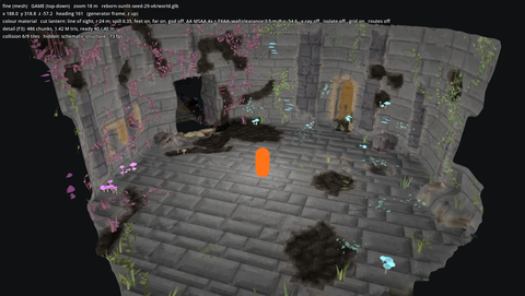The same kind of room with god vision off: only what the lantern reaches is drawn; the passage out at the top left and everything behind the walls are black