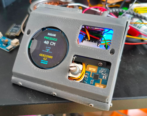 Radar display prototype electronics visible without covers: nRF52840 board, radar module and wiring