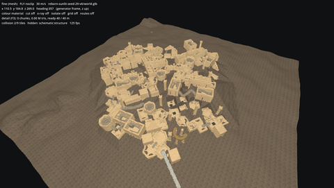 Seed 29 from 270 m up, in free flight: the whole city grown on its hills, coarse mesh only, at 125 fps
