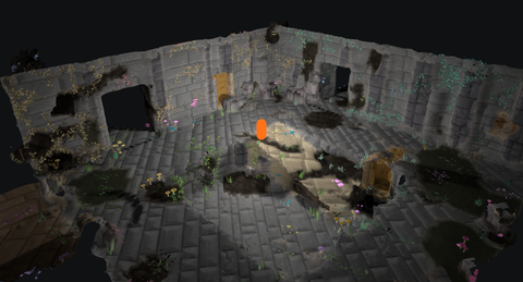Top-down view of a generated underground court: a ruined stone hall with vines, a sunken passage and doorways, lit by the player's lantern; the foreground wall is cut away