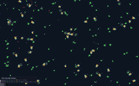 Zoomed in: grazers cropping producers (white rings mark plants being grazed), status markers for sickness and hunger, meat left by predators
