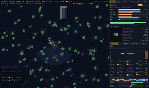 Desktop app: a selected creature's vision fan and target on the left, its body, energy budget and live brain on the right