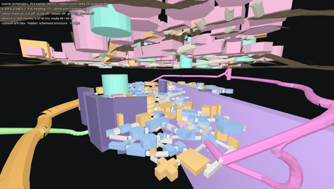 The plan of the same region in the viewer's schematic mode: every planned space and route drawn as a coloured box or tube by category, before any geometry exists