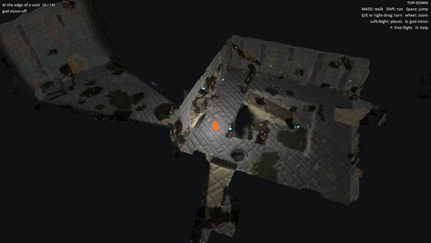At the edge of a void, god vision off: two rooms the lantern can see, everything else absent