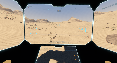 The cockpit while walking: the centre screen shows the forward feed with compass, leg diagram and ground speed; the side screens wrap around the head; the low screen looks down at the ground and marks the exit spot