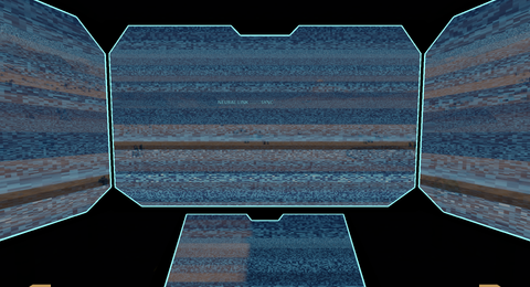 The feeds coming up after boarding: banded blue static on all five screens with the first lines of the boot text on the centre screen