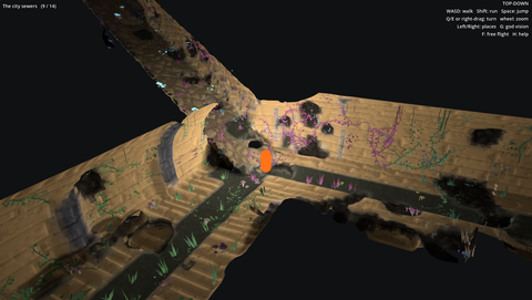 A four-way junction in the city sewers: brick vaults with a drain channel, vines and fungi; the vault on the camera's side is cut away